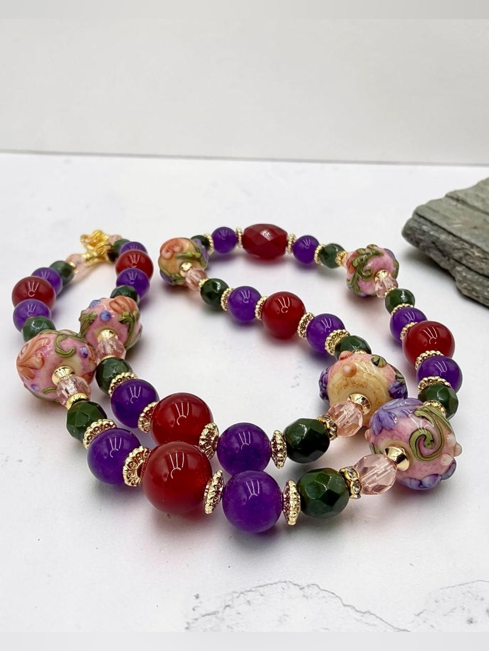 Artisan Handmade Amethyst Carnelian Lampwork Floral Necklace 20” Gold Floral Lux - Picture 16 of 17